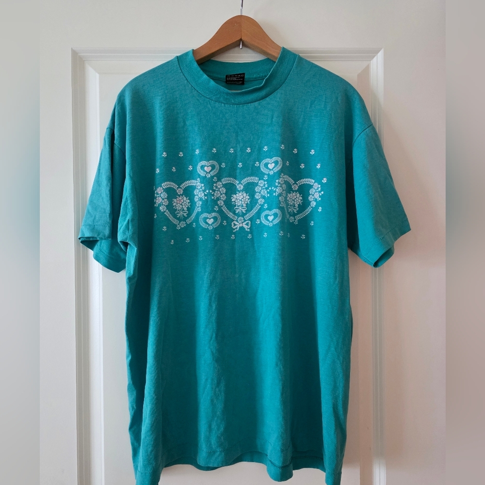 Vintage Single Stitch Fruit Of The Loom Tshirt Womens XL Green Floral Heart 90s
